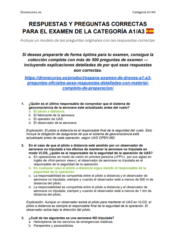 España Examen de Drones A1/A3 - Preguntas Oficiales AESA, Respuestas Detalladas & Con Material Completo de Preparación - Imagen 5
