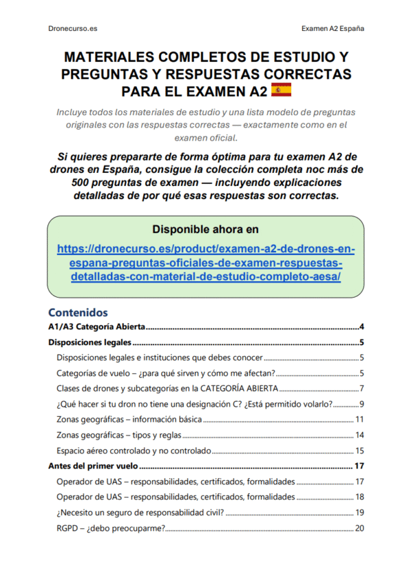 Examen A2 de drones en España - Preguntas Oficiales de Examen, Respuestas Detalladas, Con Material de Estudio Completo AESA