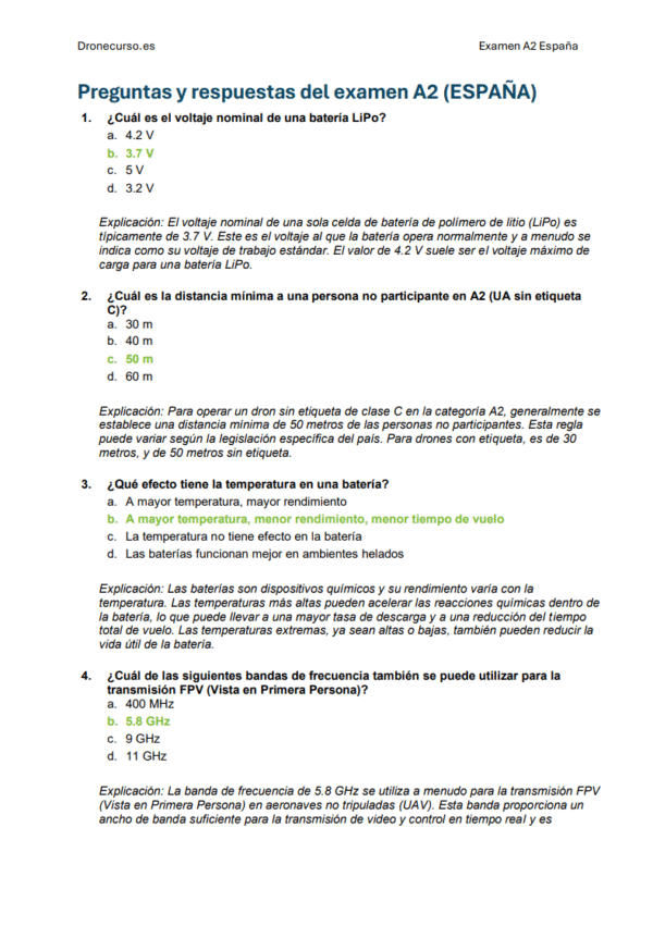 Examen A2 de drones en España - Preguntas Oficiales de Examen, Respuestas Detalladas, Con Material de Estudio Completo AESA